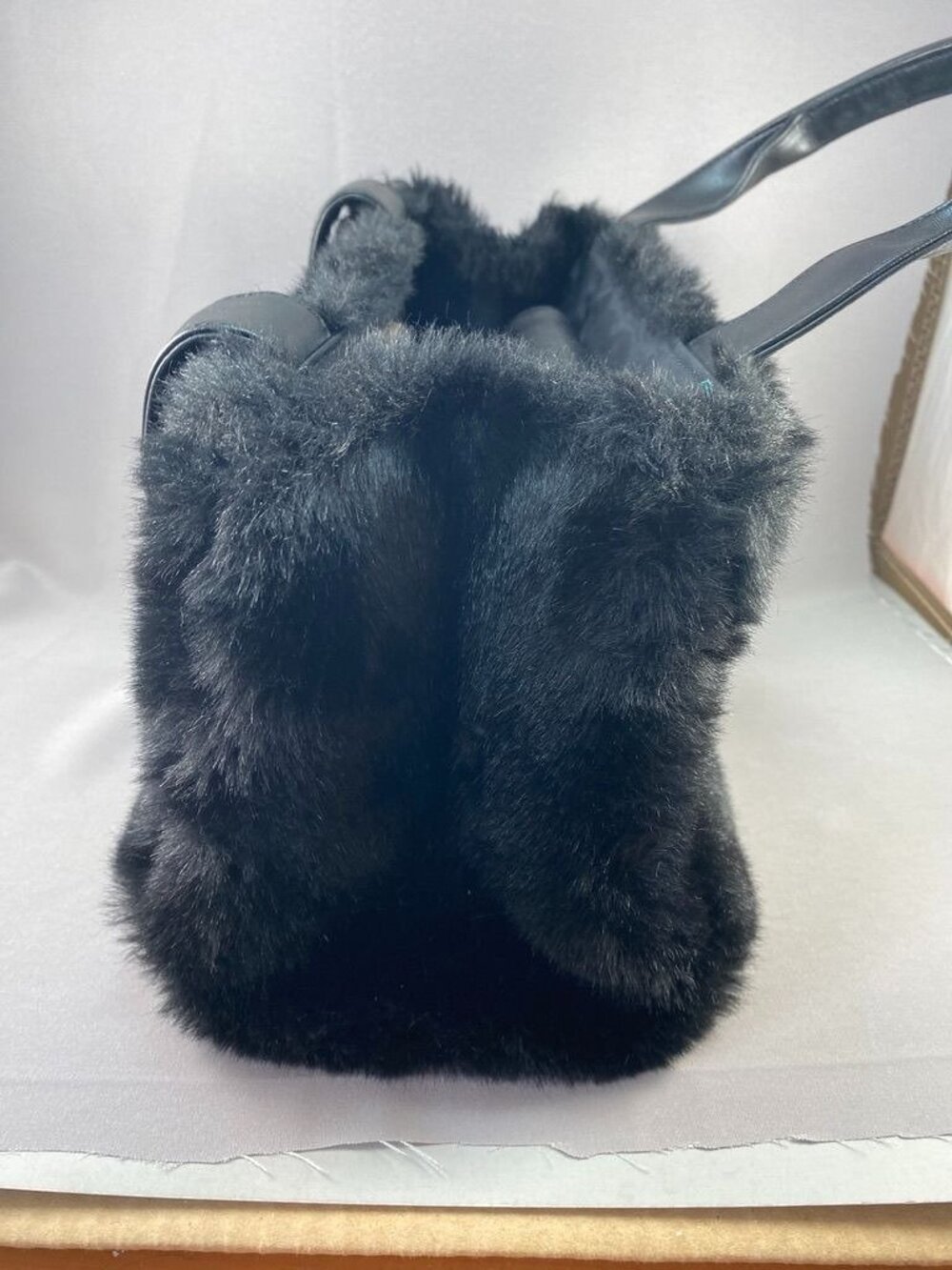 Indeed Black Faux Fur Satchel Handbag Structured Top Handle Winter Purse - Picture 3 of 6